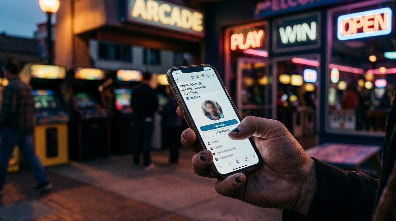 A low-angle, tight-crop shot of a hand holding a glowing smartphone screen displaying a verified Adult Friend Finder profi...