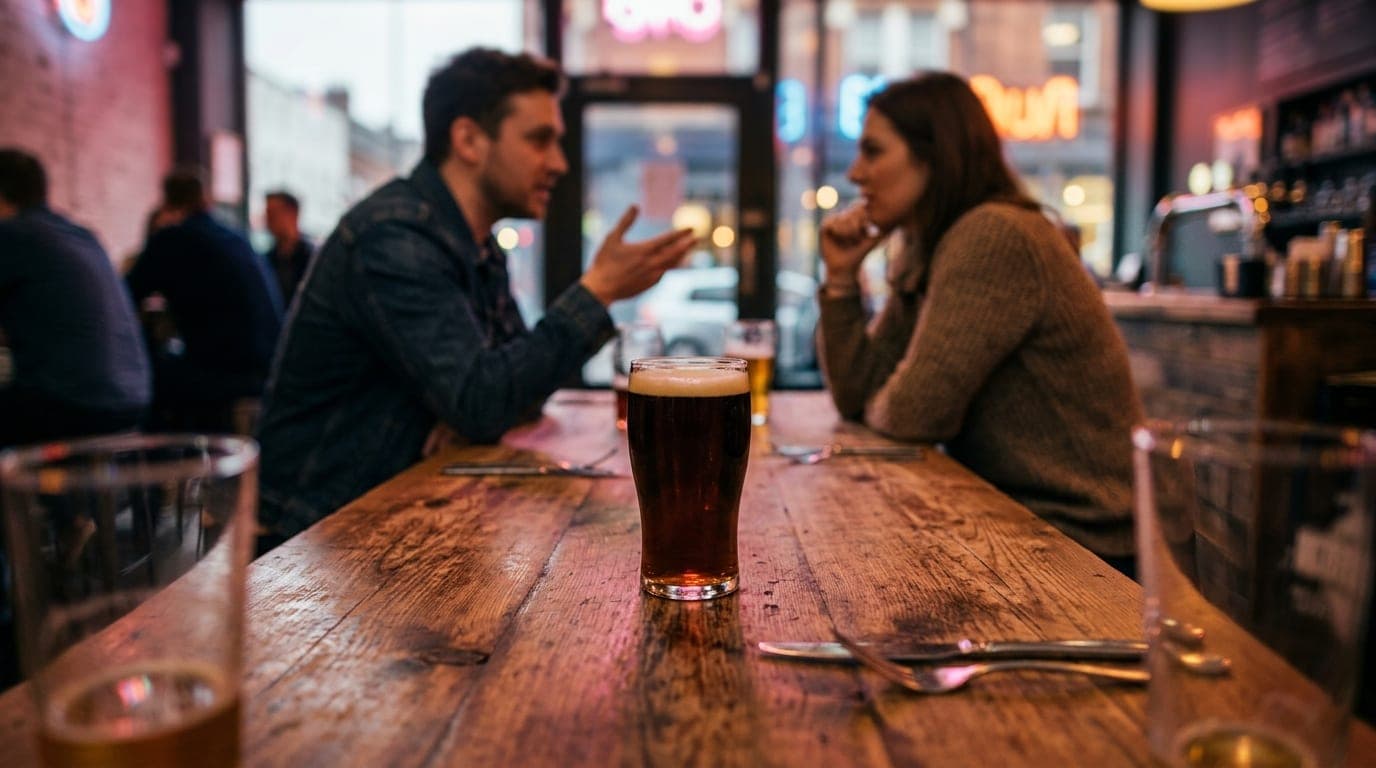 Tilt-shift selective focus on a tall, dark craft beer glass resting on a communal wooden table at Lupulo. Background shows...