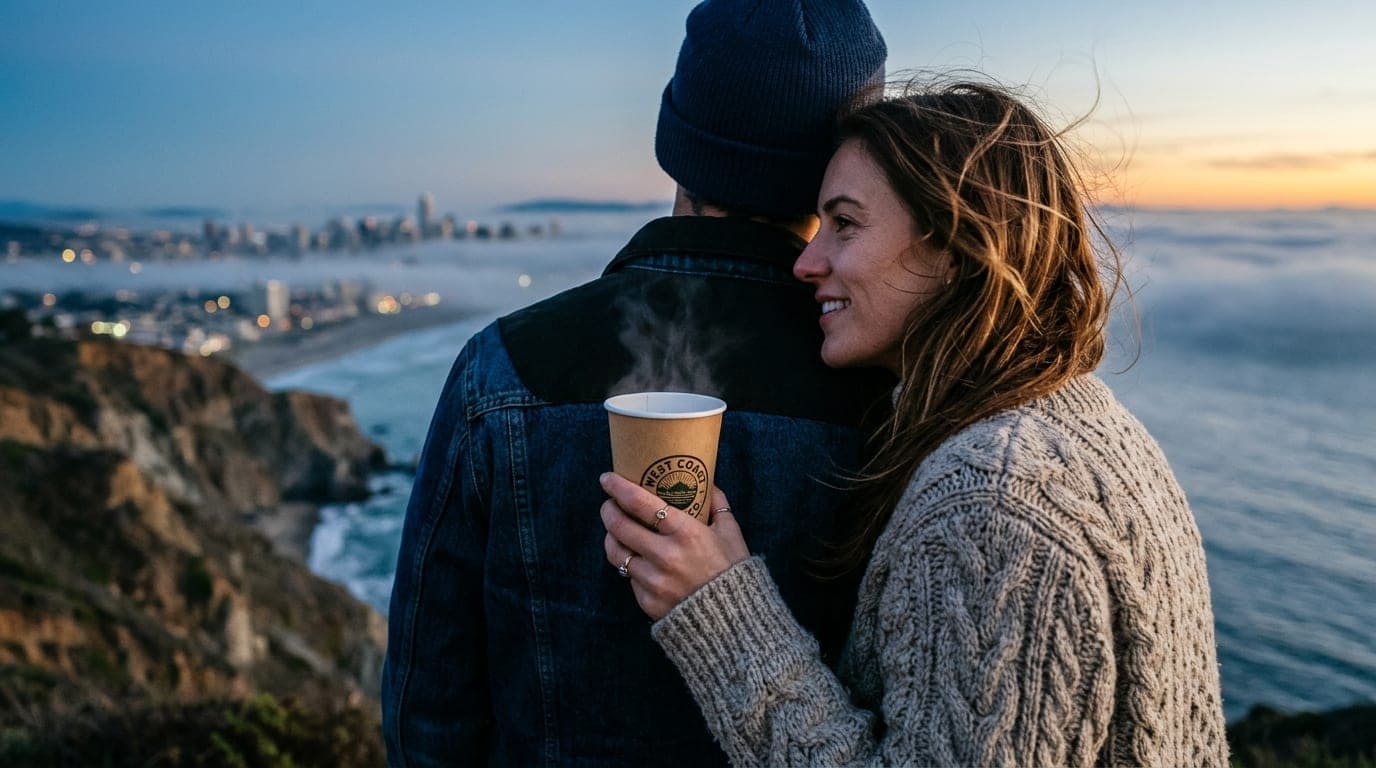 Over-the-shoulder view, 100mm macro. A couple stands on the Westside cliffs at blue hour. The woman in a cable-knit sweate...