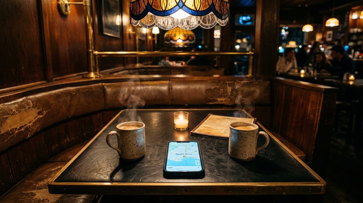 A centered, low-angle shot of a booth at Saturn Cafe. A smartphone displays a Tinder map centered on Santa Cruz, resting o...