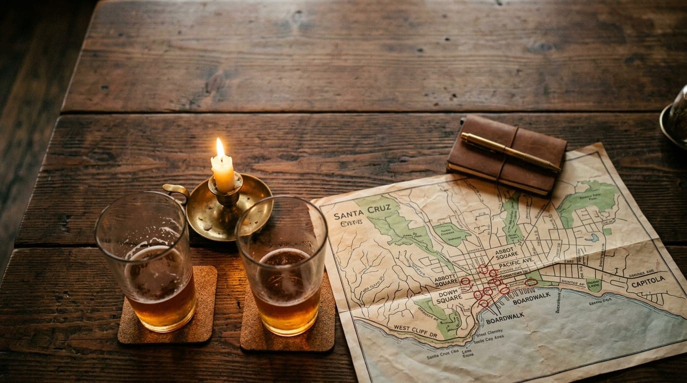 An overhead flat-lay of a rustic wooden table at Abbott Square. Two half-empty craft beer glasses sit in the lower third,...