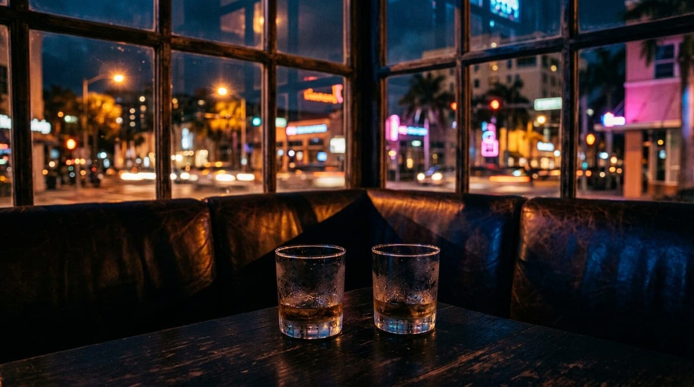 A low-angle shot of a leather booth inside a dimly lit speakeasy. Two empty, condensation-beaded cocktail glasses sit on a...