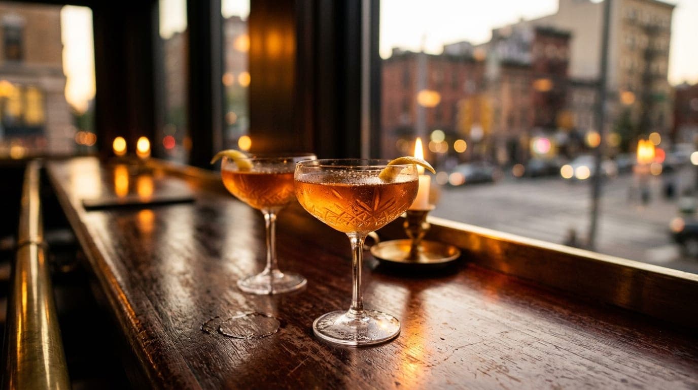 A macro view of a mahogany bar top at dusk. Two crystal coupe glasses with chilled amber cocktails sit near a blurred city...