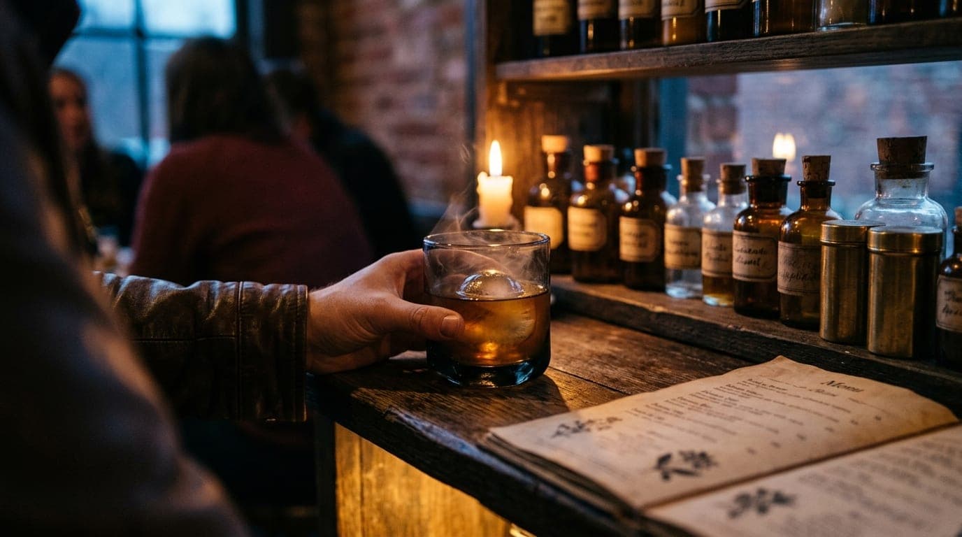 A 100mm macro shot captures a dimly lit, weathered apothecary shelf at Pangea. A single smoke-infused cocktail in a darken...