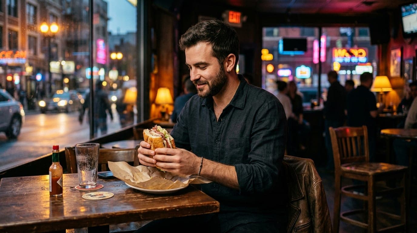 An 85mm portrait with shallow depth of field. A man in a crisp linen shirt sits at a local dive bar table, holding a sandw...