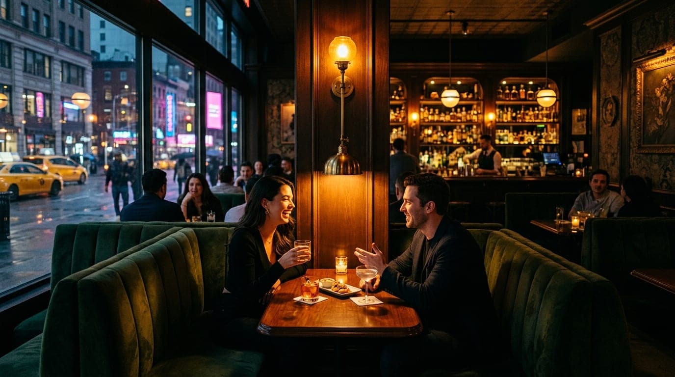 A wide, symmetrical shot inside a dark, moody speakeasy. A couple sits in plush velvet booths facing each other, illuminat...