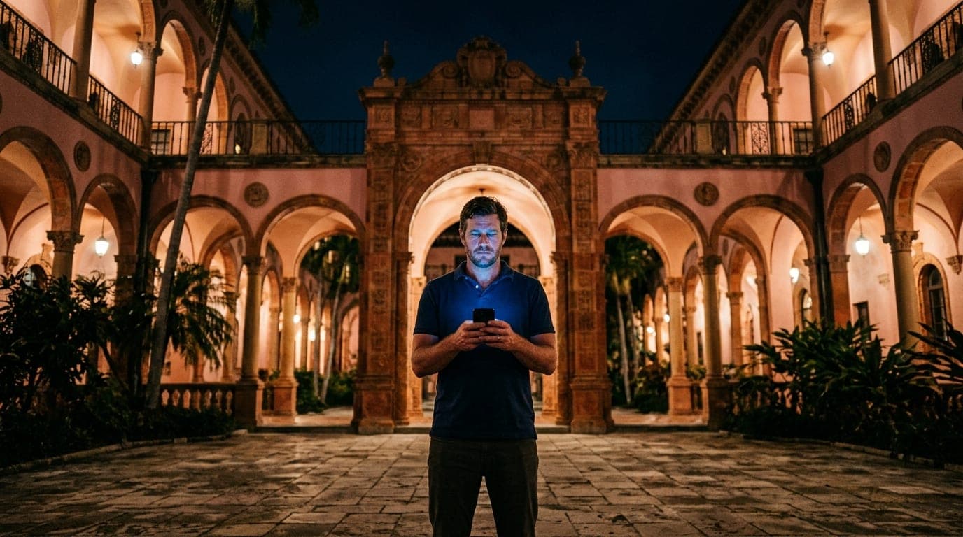 A low-angle, 24mm hero shot centered on a man in a navy polo standing before the Ringling Museum’s pink arched facade at m...