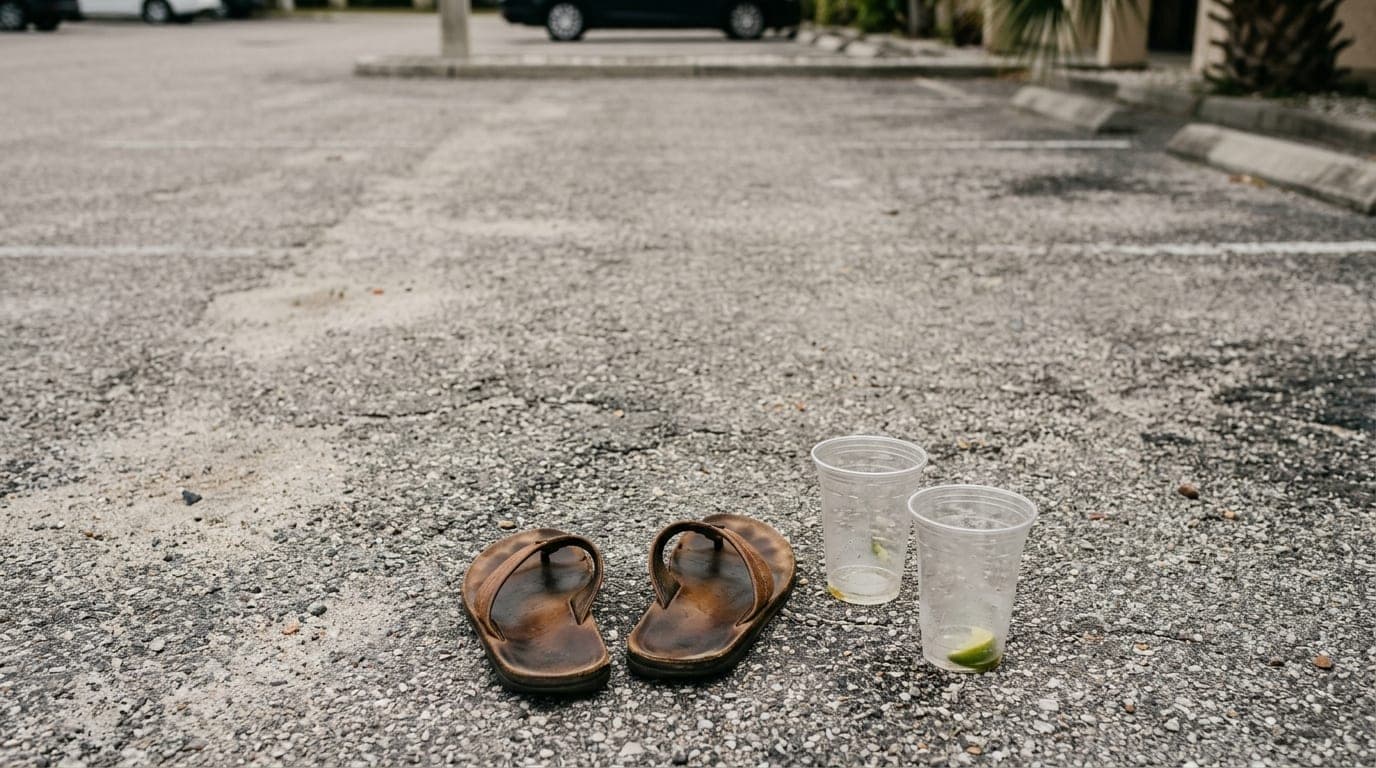 An overhead flat-lay shot on a weathered Gulf Gate asphalt parking lot. A pair of worn leather sandals sits beside two emp...