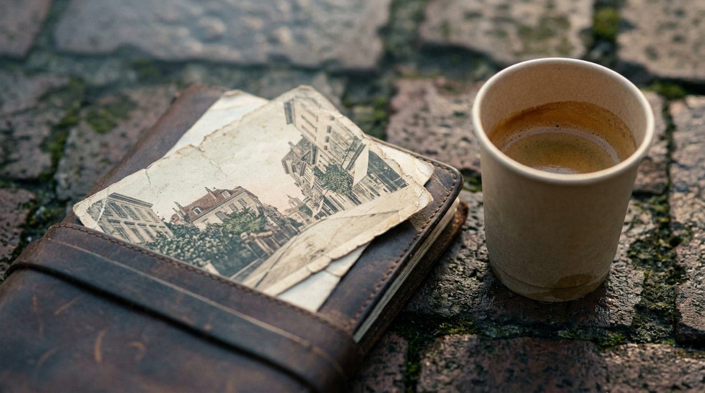 A 100mm macro shot of a weathered vintage postcard tucked into a leather journal beside a half-finished paper cup of espre...