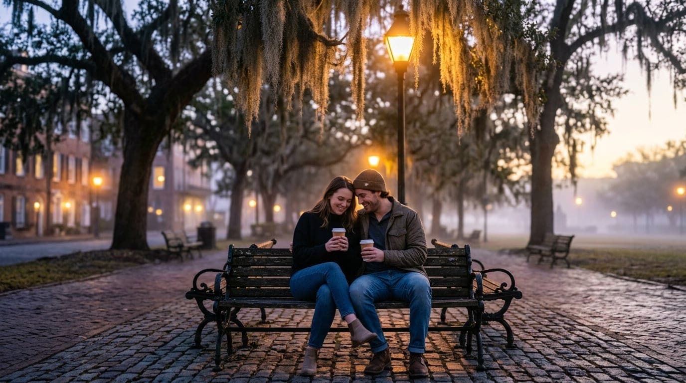 A wide shot captures a couple sharing a to-go drink on a Savannah square bench at dusk, tungsten streetlamps illuminating...