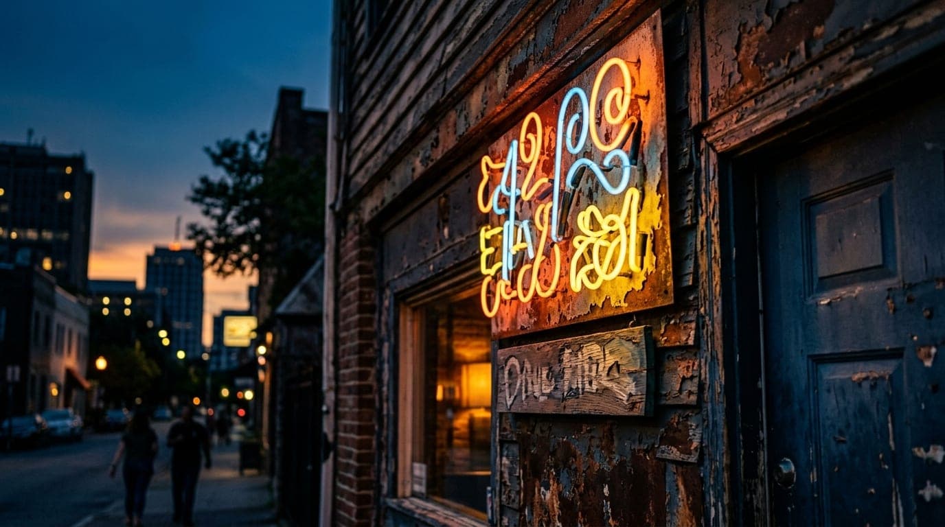 A 100mm macro shot captures a weathered, neon-lit sign glowing outside a Starland District dive bar at dusk. The warm tung...