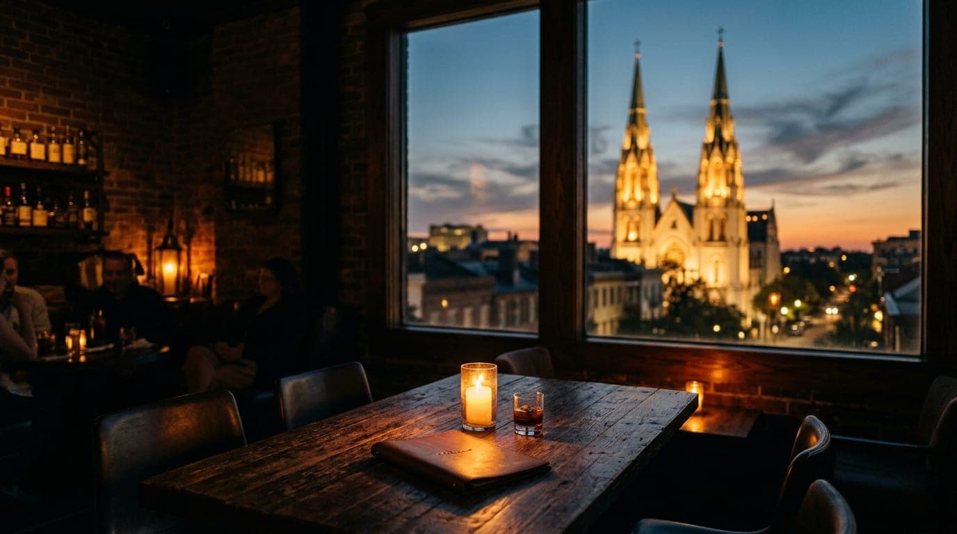 A candle-lit table sits in the foreground of a dark lounge, drawing the eye toward a blurred window view of the lit-up Sav...