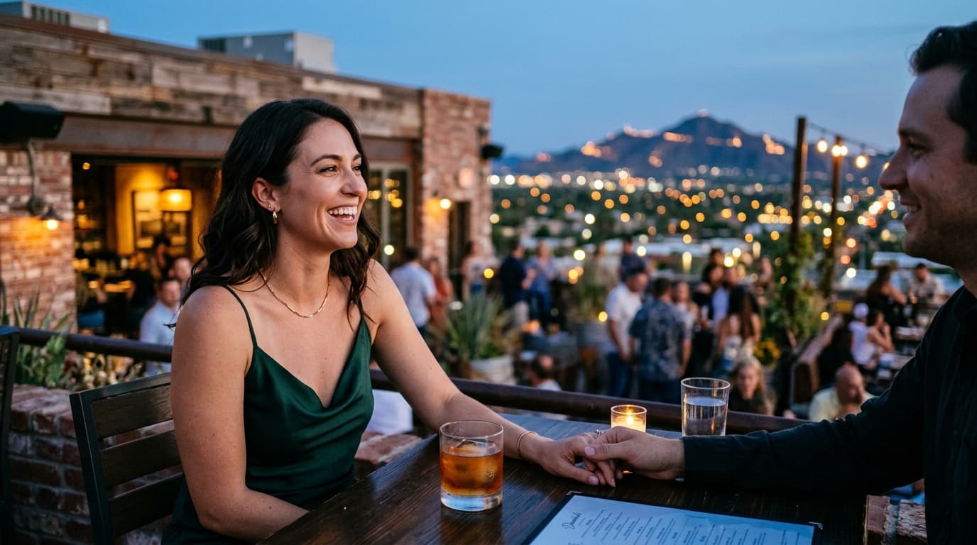 A couple, she in a silk slip dress, sits at a rooftop table at Dominick’s. An amber cocktail catches the city’s blue-hour...