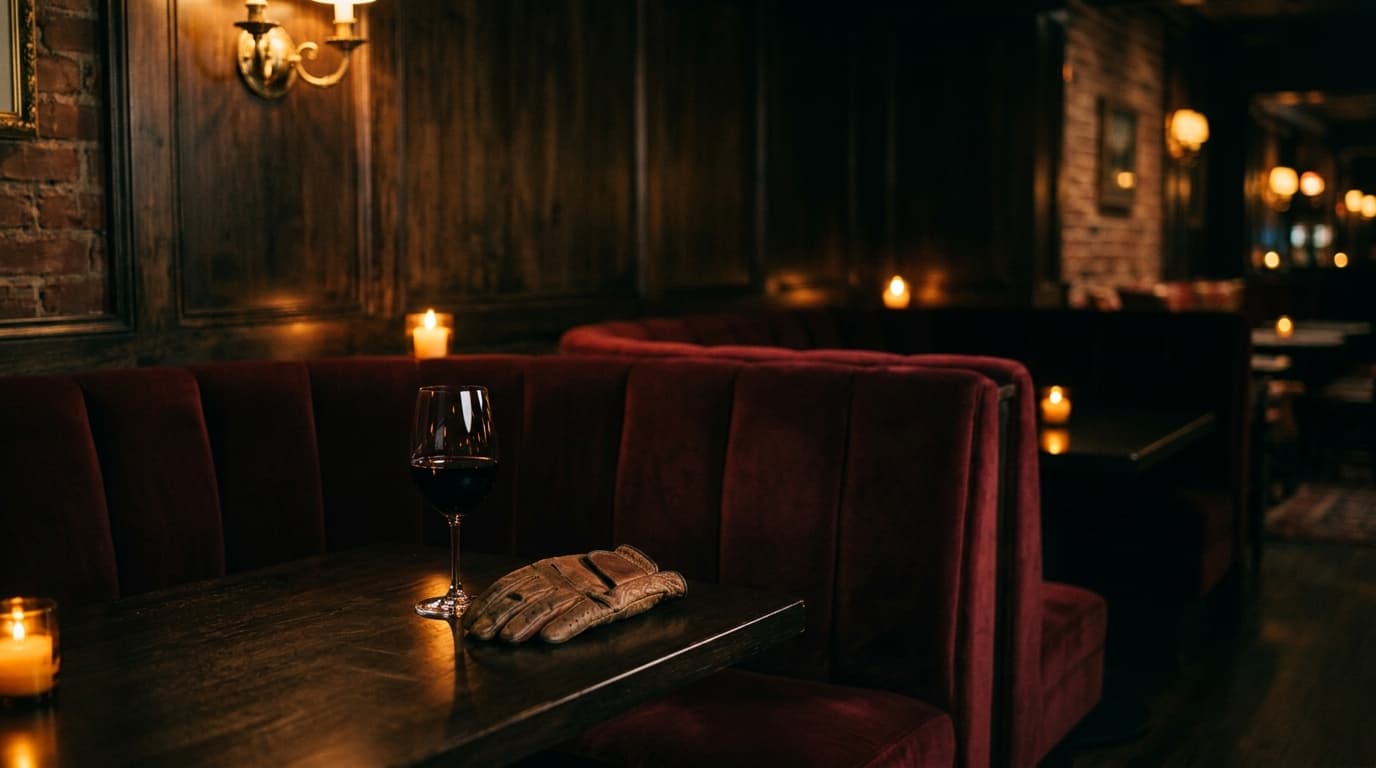 A sleek, empty velvet booth in a dimly lit Old Town lounge. A singular glass of Cabernet sits beside a well-worn leather g...