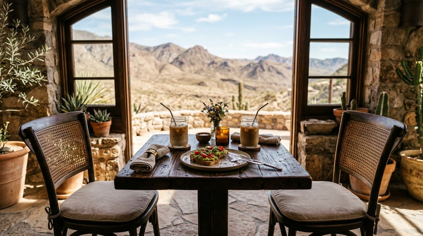 Two cushioned bistro chairs face a rustic wood table at a desert terrace. A half-eaten avocado toast and two iced lattes s...