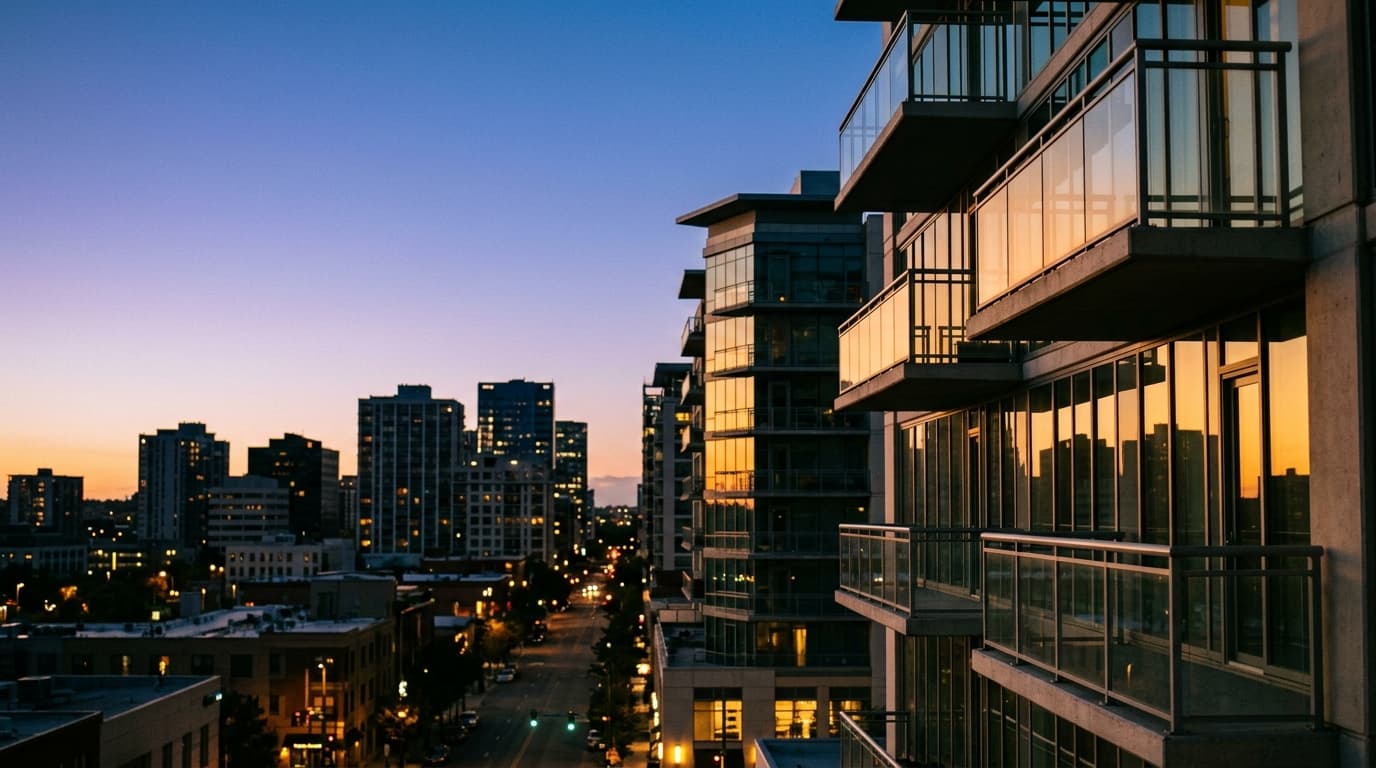 A 35mm documentary shot of the Fashion Square district architecture at dusk. The golden hour light reflects off luxury gla...