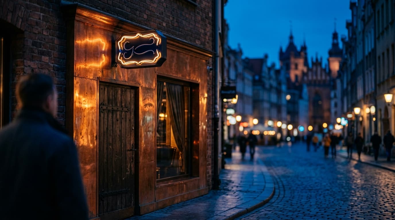 An 85mm shot captures the moody, neon-lit signage and copper-hued exterior of an Old Town speakeasy entrance at blue hour,...