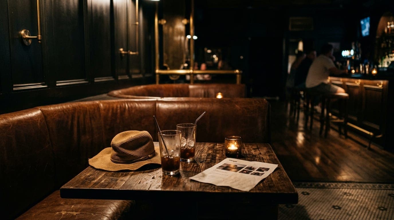 A low-angle shot of a leather booth in a dim Scottsdale bar. A crumpled sun hat rests on a wooden table beside two half-em...