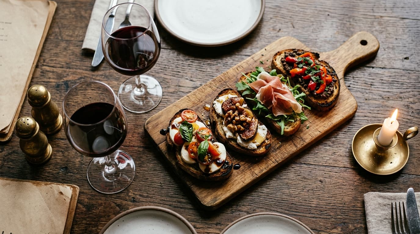 Overhead macro flat-lay of a rustic wooden table at Postino. A shared bruschetta board with varied toppings sits beside tw...