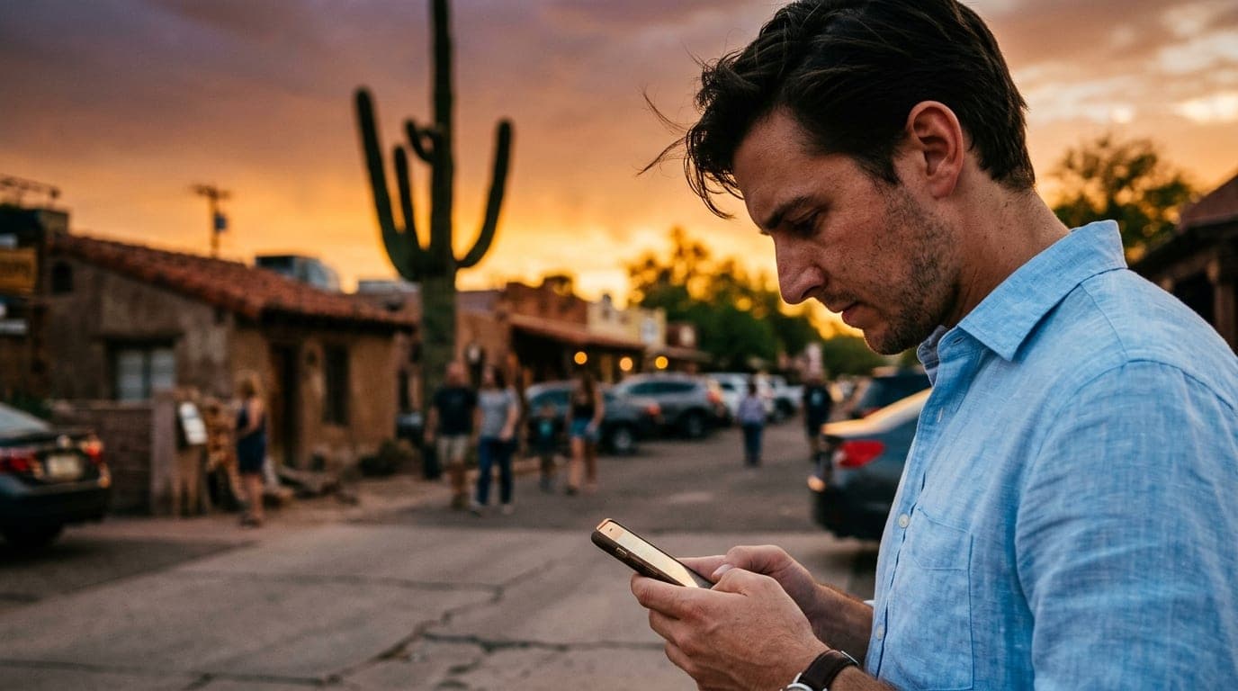 35mm documentary shot at golden hour. A man in a crisp linen shirt checks his phone on a gritty Old Town Scottsdale sidewa...