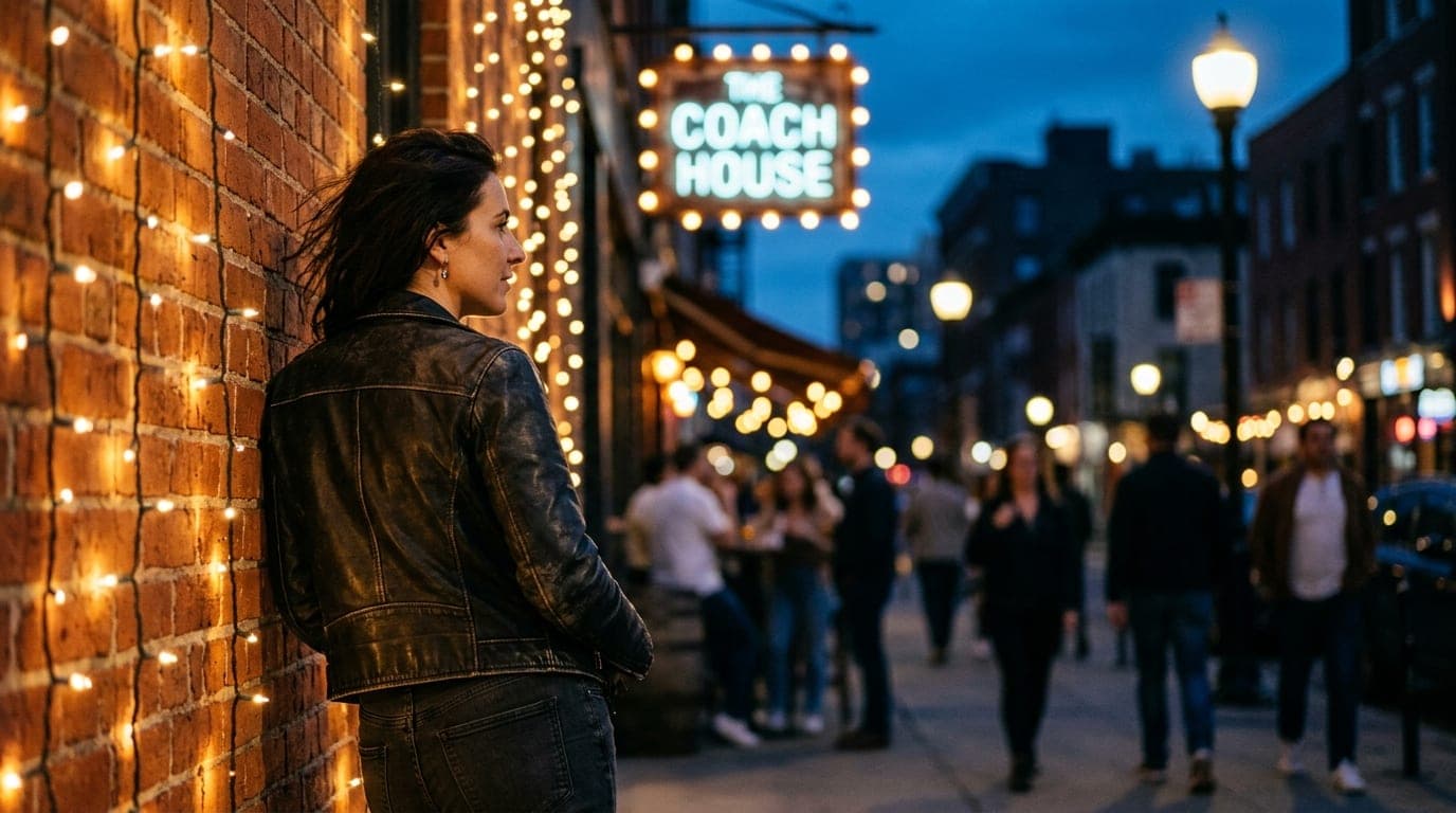 Blue hour at The Coach House. An 85mm close-up of a woman in a leather jacket leaning against the venue's glowing, light-w...