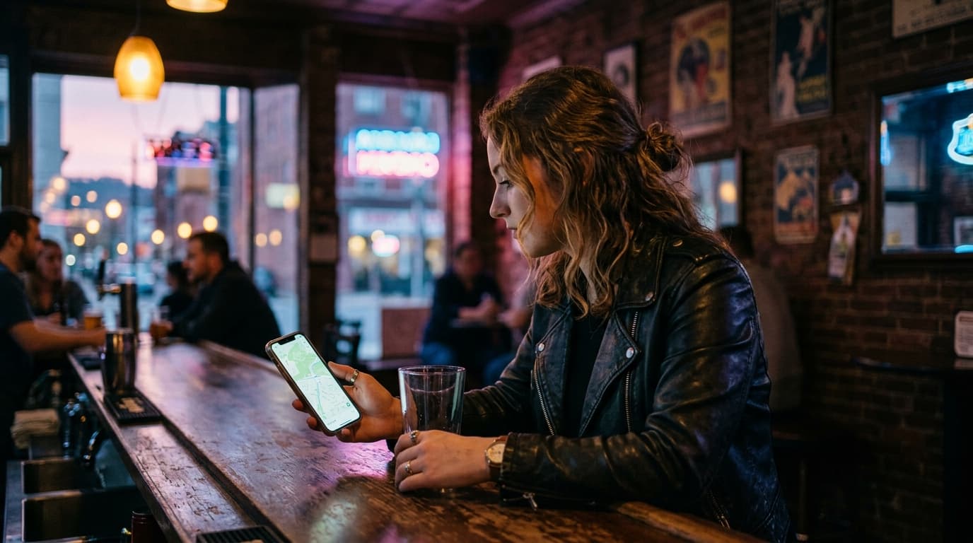 A woman in a black leather jacket sits at a dark dive bar, smartphone in hand showing a map of the valley, glowing softly...