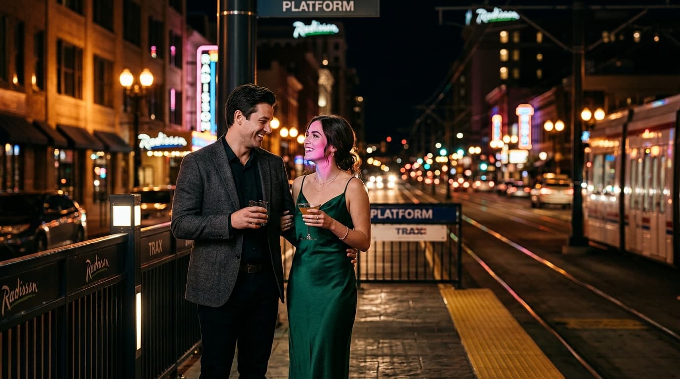 A couple stands on the Radisson’s Trax platform at night. The man in a charcoal blazer and the woman in a silk slip dress...