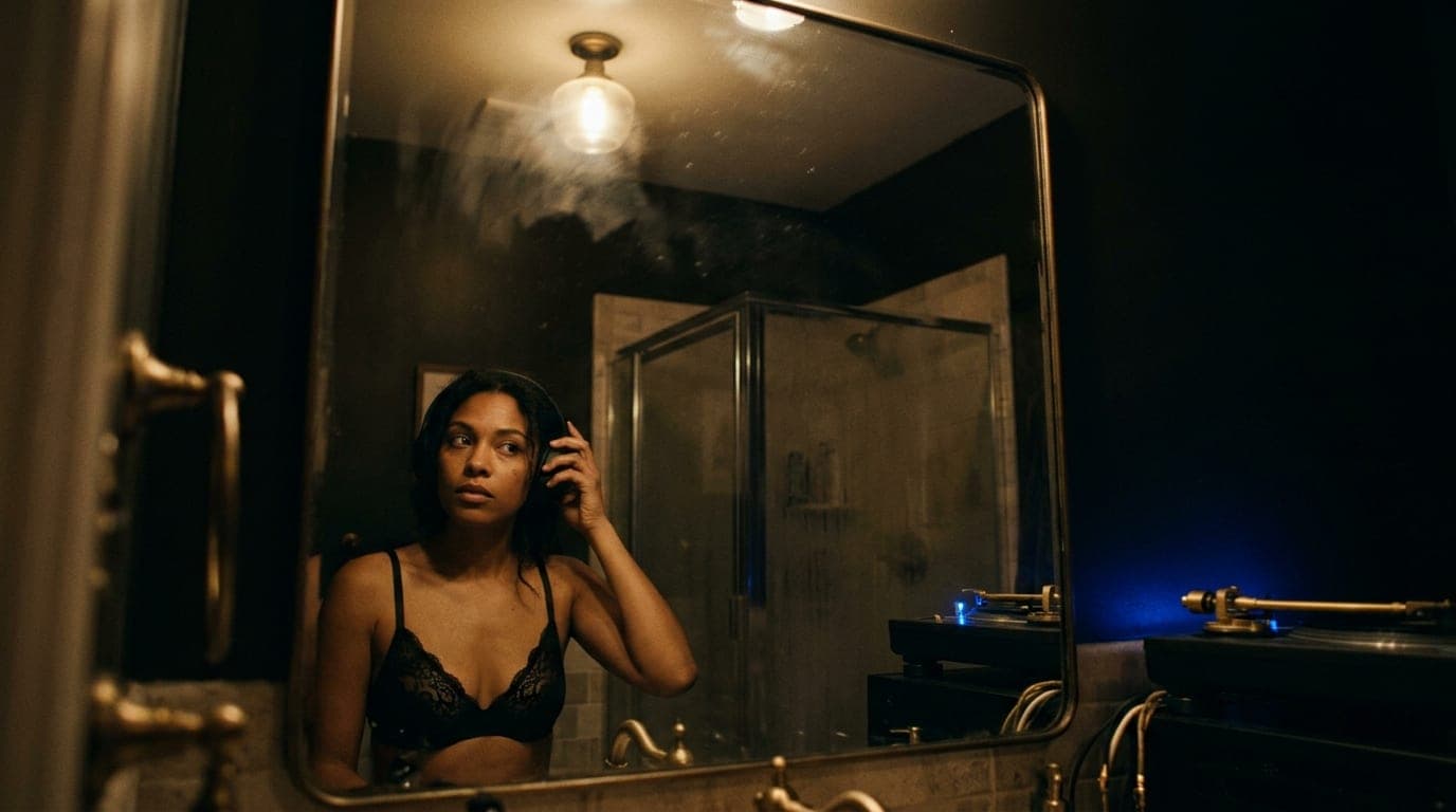 A woman in a black lace bra adjusts a wireless headphone, her reflection captured in a vanity mirror. A soft blue glow ema...