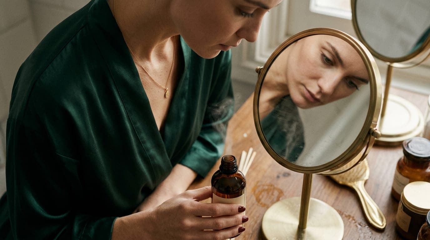 Overhead macro view. A woman in a silk robe gazes into a vanity mirror reflection, holding a dark glass amber diffuser bot...