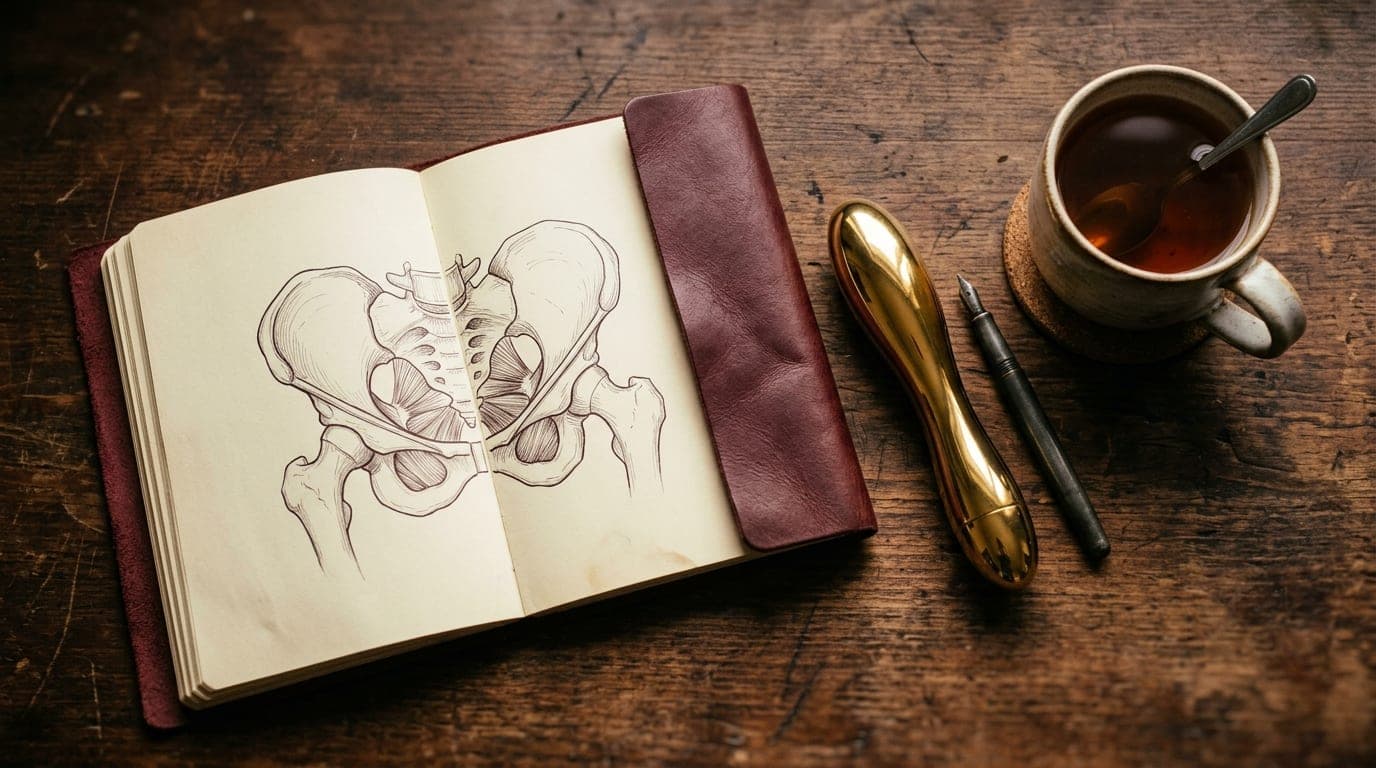 An overhead flat-lay of a leather-bound anatomy notebook, an open anatomical diagram of the pelvic region, a single gold-p...