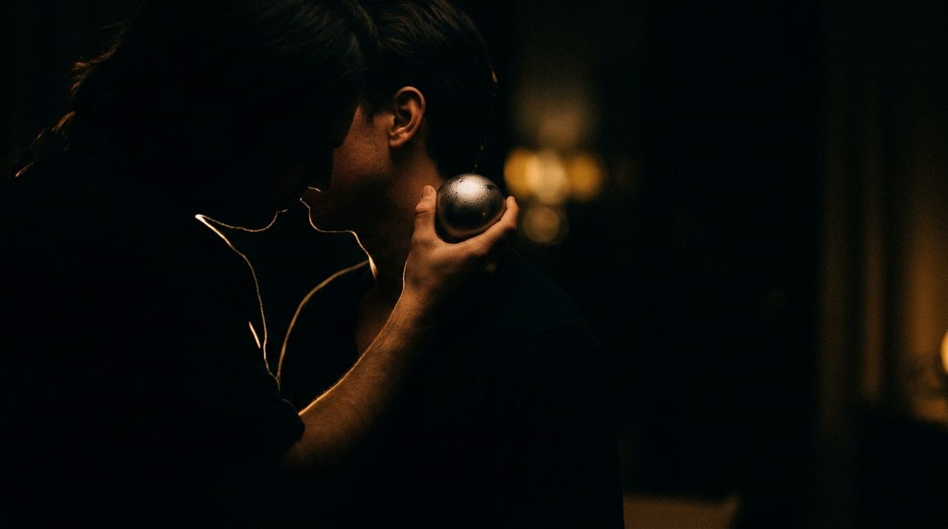 A couple in deep shadow, offset left. One holds a small metal orb near the other’s neck; a single warm tungsten light catc...