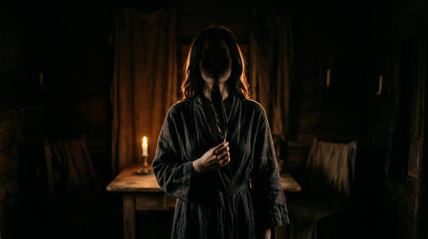 A candle-lit medium shot shows a woman in a linen robe, body in silhouette. She holds a long, dark feather, tracing it tow...