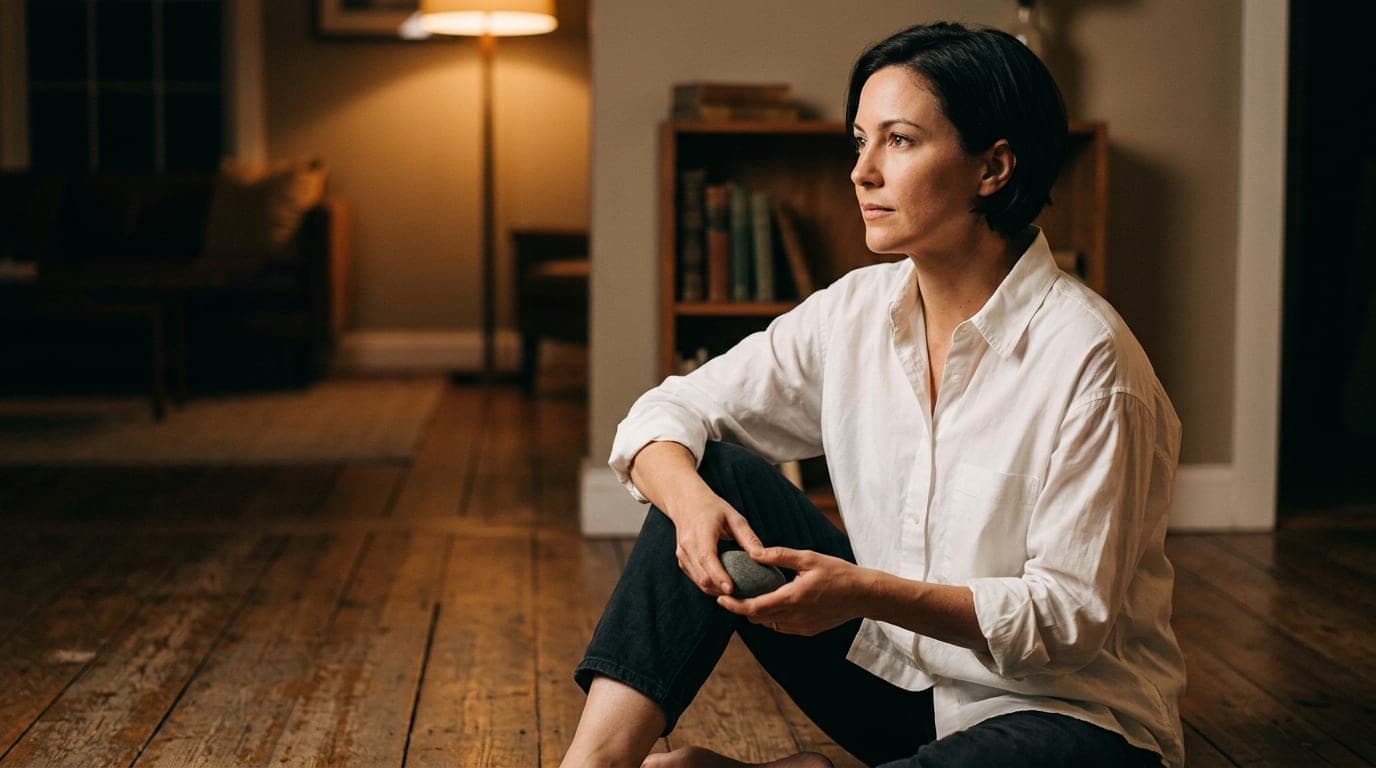 A woman in a crisp white oversized button-down sits on a hardwood floor, offset right. She holds a smooth stone, gazing ca...