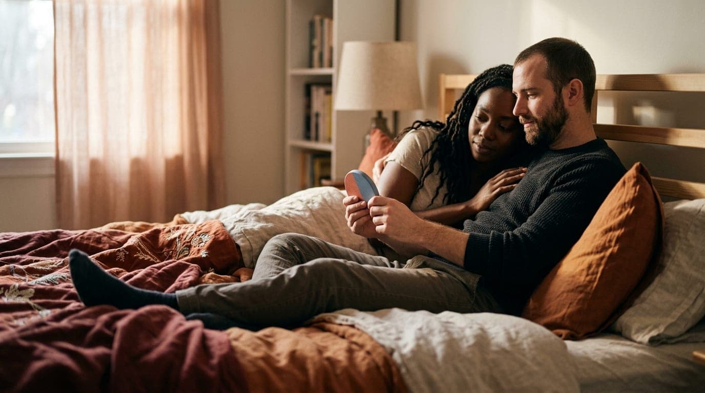 A diverse couple rests on a mattress, mid-morning light catching their skin. They hold a small, color-coded wooden token b...