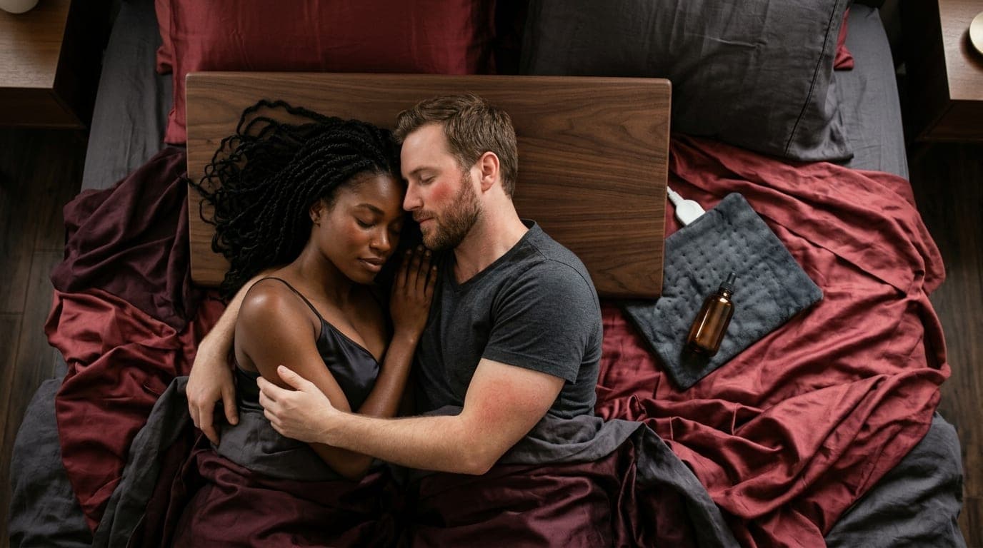 Overhead flat-lay, a diverse couple rests on a sleek, ergonomic wooden wedge pillow amidst tangled silk sheets. A heating...