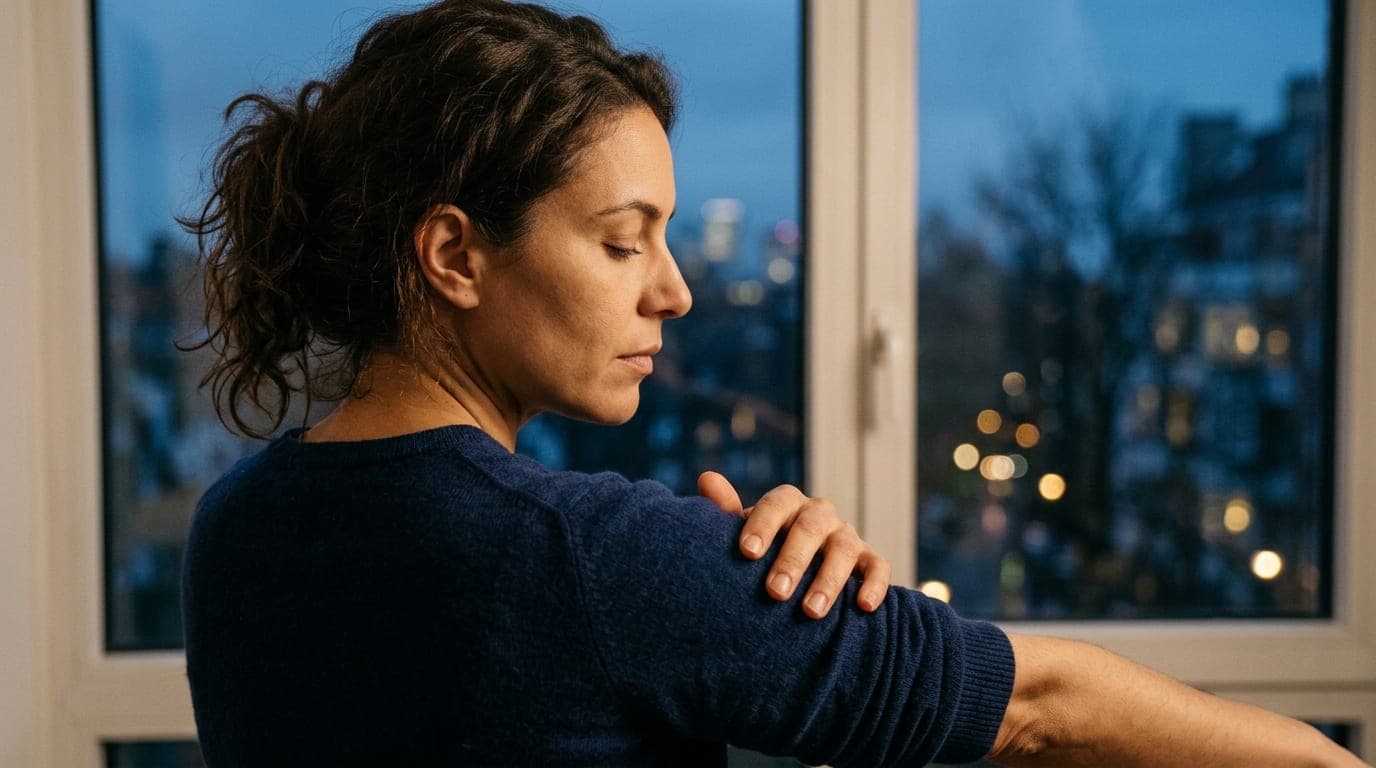 A woman in a navy cashmere sweater stands by a window at blue hour. She rests her fingertips lightly on her own forearm, e...