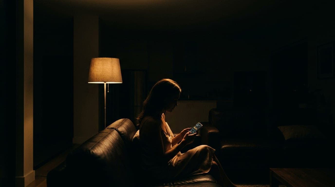 A woman in a silk slip dress sits on a leather sofa, holding a smartphone showing a digital health report, illuminated by...