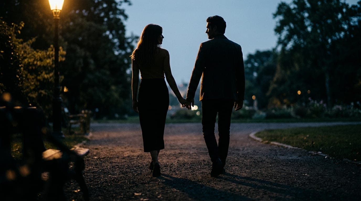 A woman and a man walk side-by-side along a twilight park path. Their silhouettes are cast long against the pavement by a...