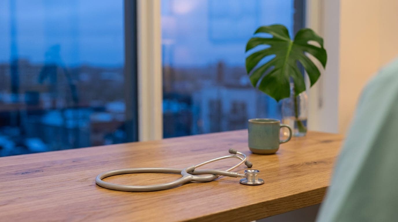 Over-the-shoulder view of a sleek, silver stethoscope draped across a polished wooden clinical desk, positioned in the low...
