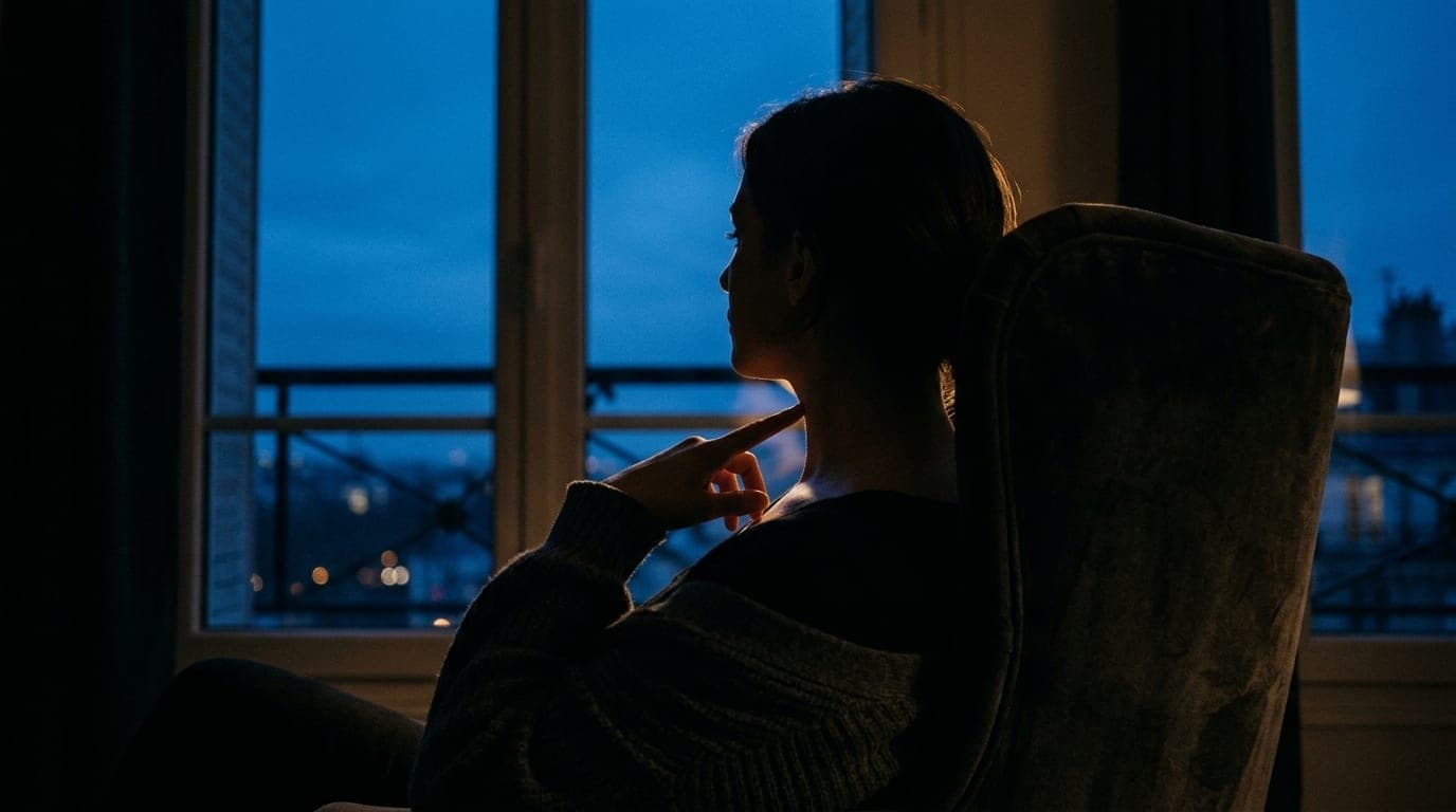 An over-the-shoulder view of a person sitting on a plush armchair in the lower third, tracing their own collarbone in soft...