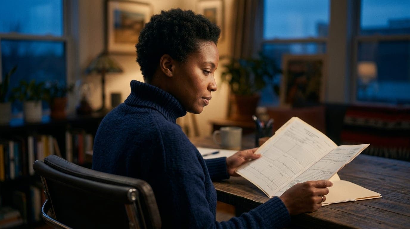 A woman in a navy turtleneck sits centered at a wooden desk, holding a clinical medical chart. Blue hour light illuminates...