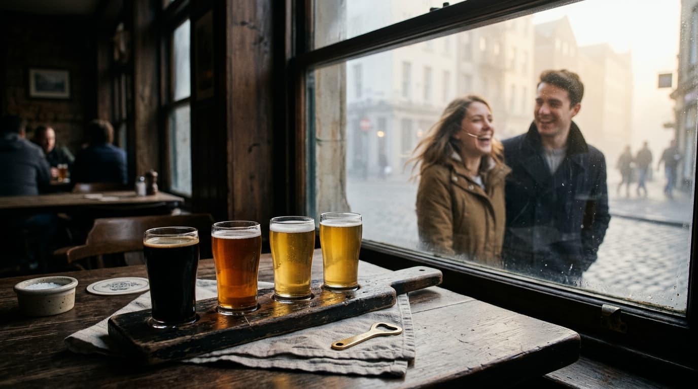 A weathered wooden flight board holding four craft beer tasters sits on a bistro table. Through the blurred tavern window,...