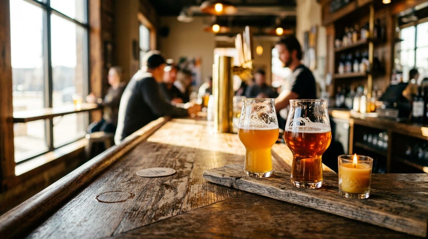 A close-up, tilt-shift view of two half-poured craft beers on a wooden bar top at a local Sioux Falls brewery, bathed in b...