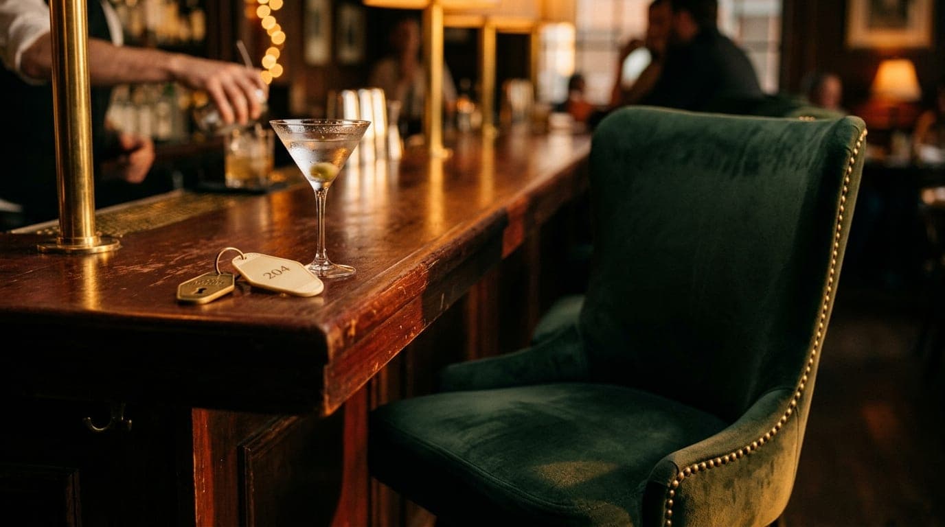 35mm documentary shot, late afternoon golden hour. A single high-back velvet chair at The Treasury bar, offset right. A ha...
