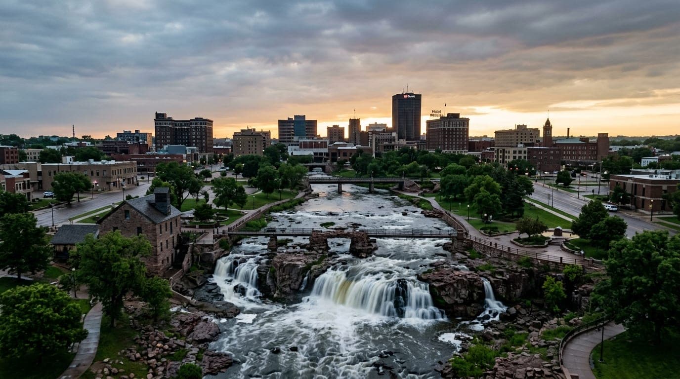 Overhead wide-angle view of the Falls Park cascade under an overcast morning sky. The symmetric composition perfectly capt...