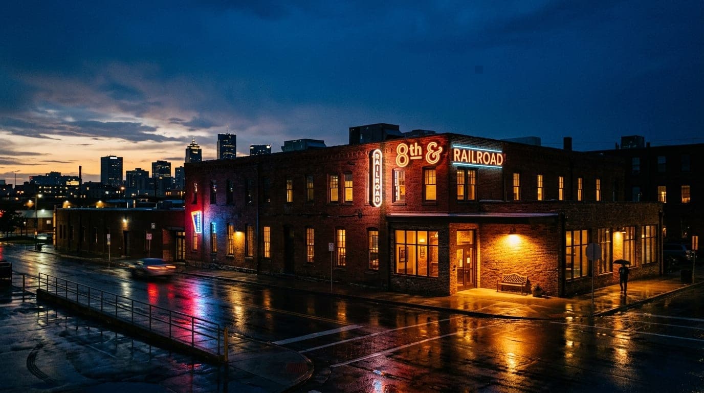 The neon signage of the 8th & Railroad Center glows against a deep twilight sky, reflected in rain-slicked pavement. A war...