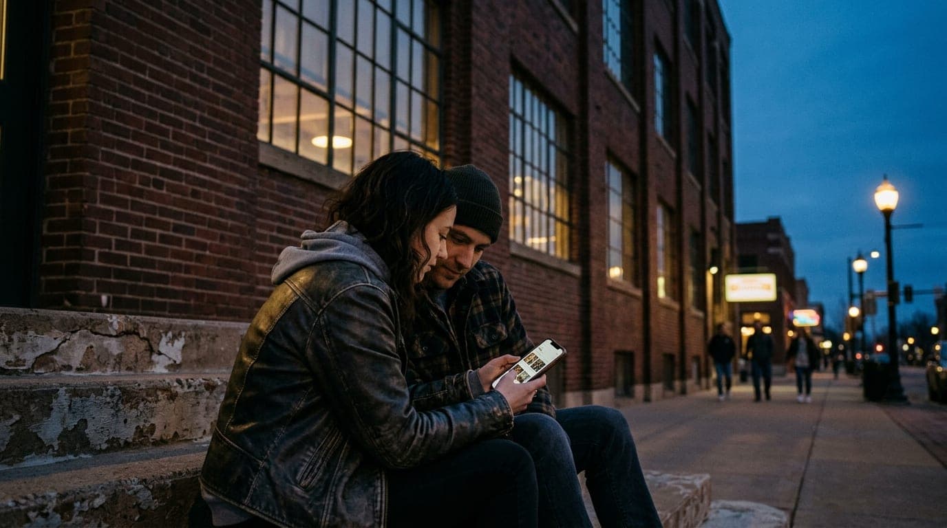 A couple sits on the concrete steps of a historic Sioux Falls brick warehouse at blue hour. The woman in a leather jacket...
