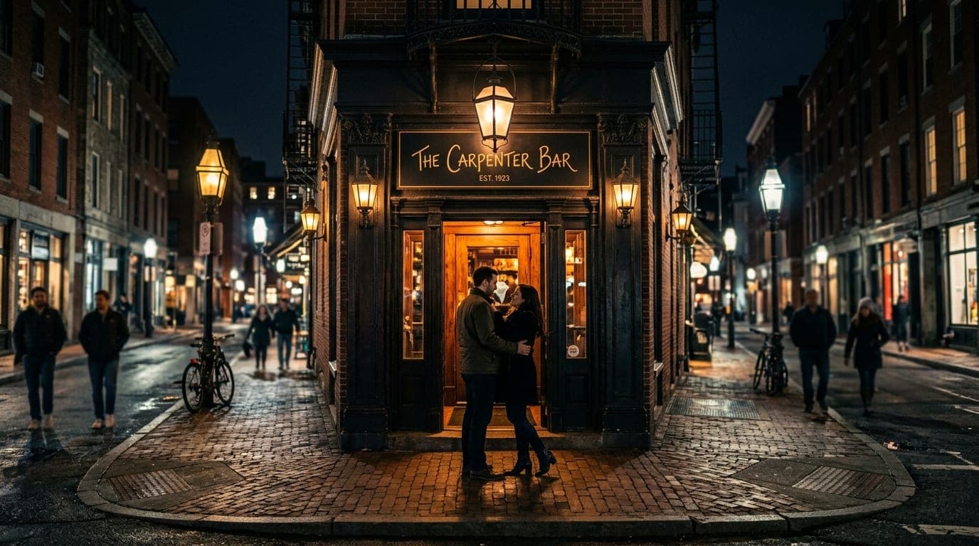 Low-angle 24mm shot centered on the dark, ornate entrance of The Carpenter Bar at midnight. A couple stands on the brick s...