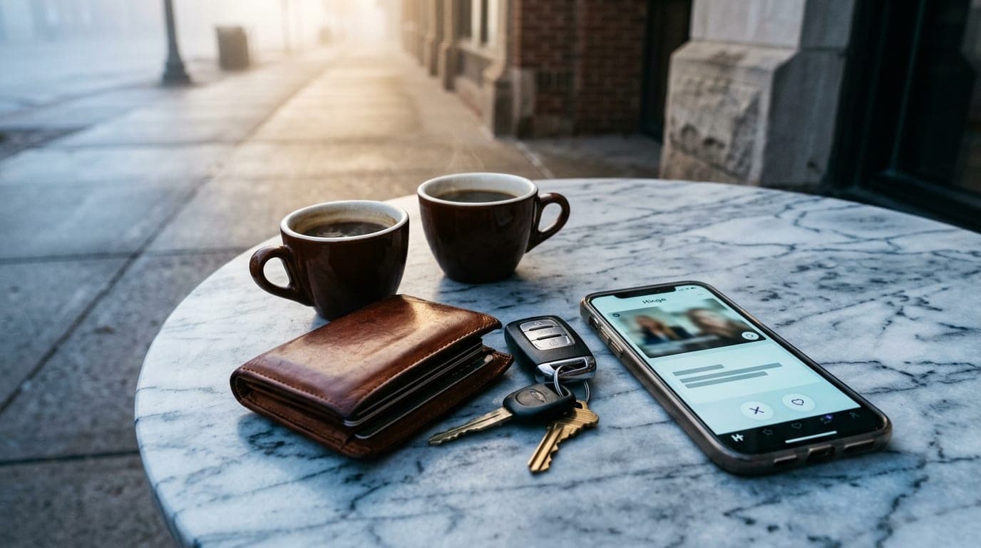 An overhead flat-lay of a leather wallet, car keys, and a smartphone screen displaying a Hinge profile, resting on a marbl...