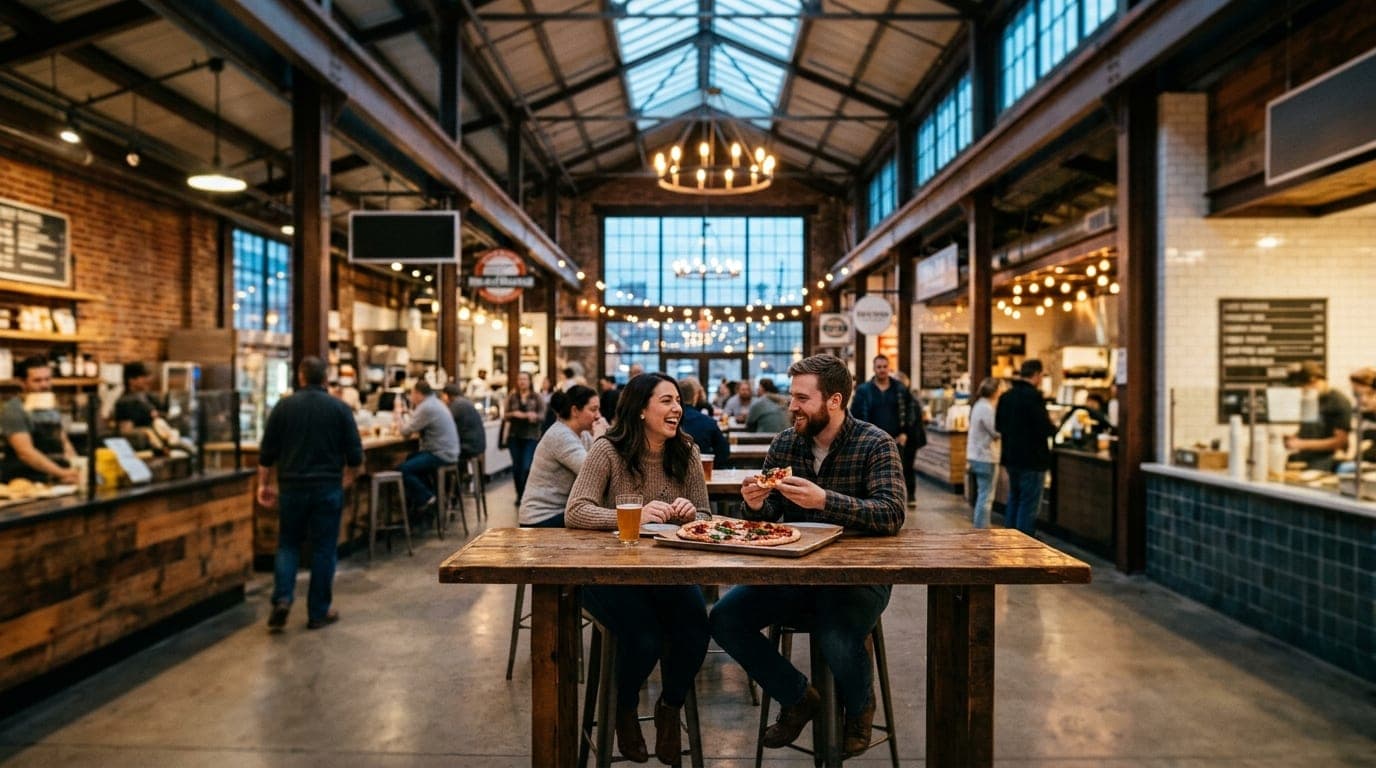 A wide establishing shot at Look’s Marketplace, tilt-shift focus on a couple sharing a thin-crust pizza at a high-top tabl...